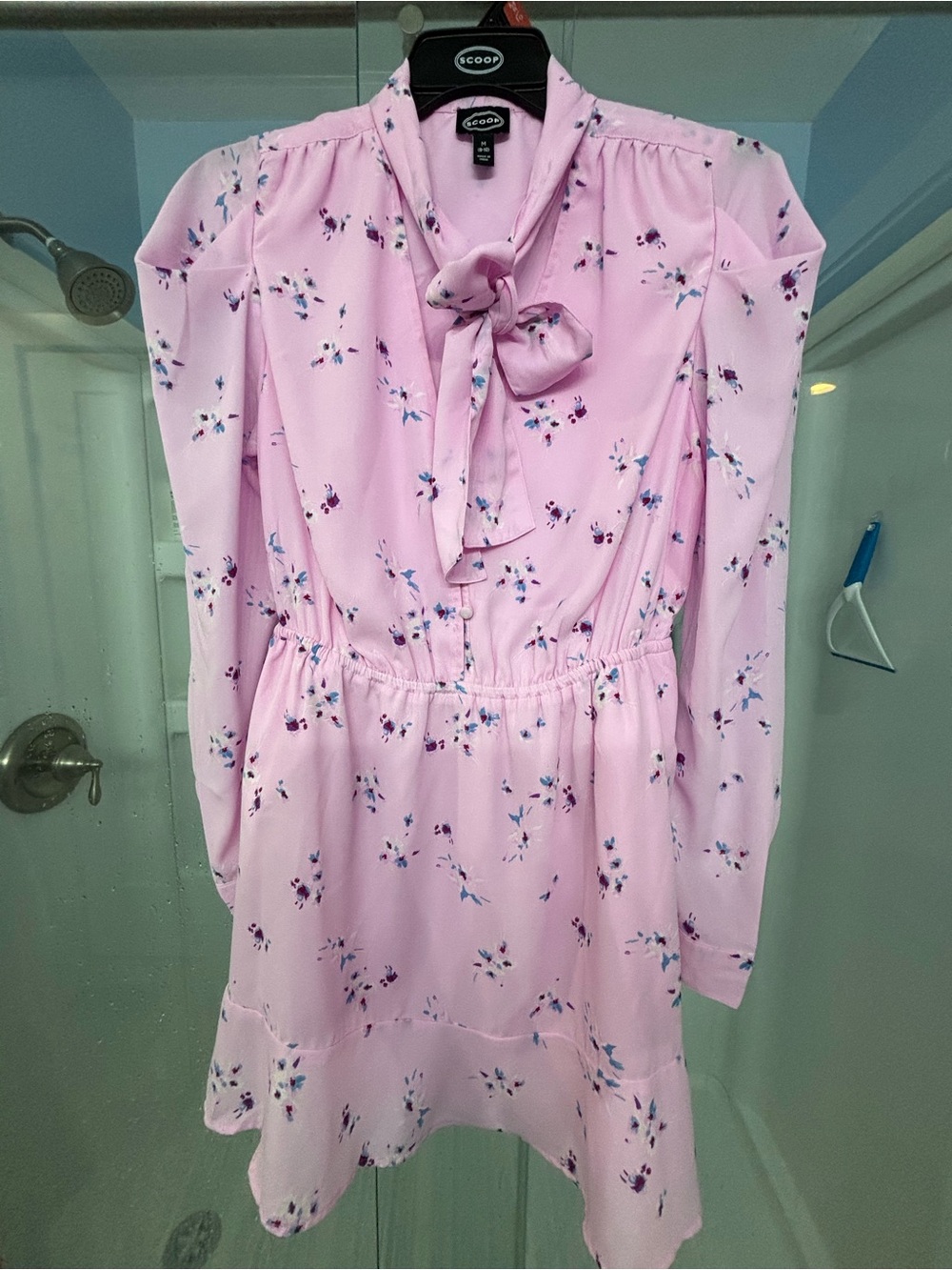 Scoop Light Pink Floral Tie-Neck Casual Dress